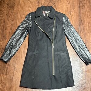 TED BAKER 'Alycia' Black Wool & Cashmere Trench Pea Coat Leather Sleeves Gold